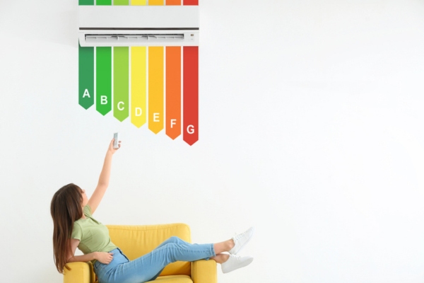 woman controlling ductless AC above an energy efficiency symbol